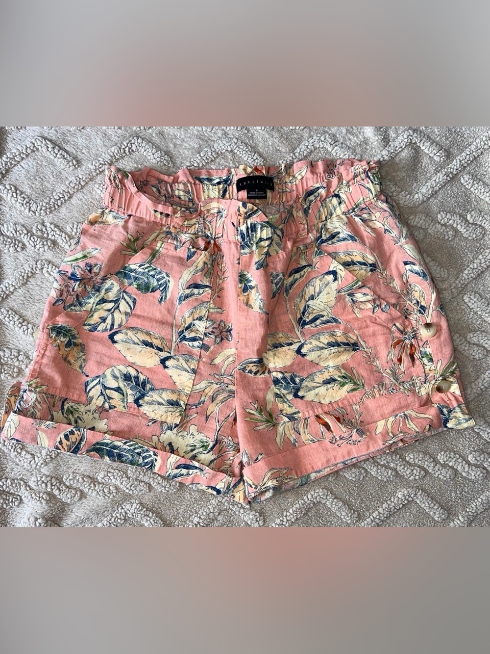 Sanctuary Anthropologie Linen Paperbag Shorts - Salmon Color Leaf Print, Size S